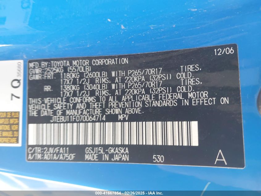 2007 Toyota Fj Cruiser VIN: JTEBU11F070064714 Lot: 41667854