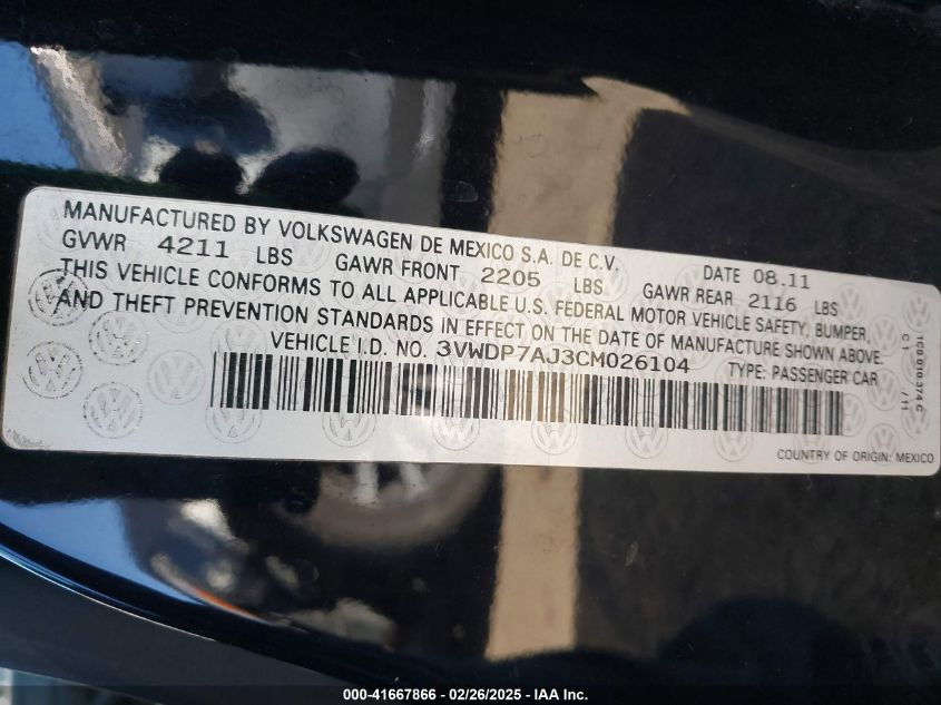 2012 Volkswagen Jetta 2.5L Se VIN: 3VWDP7AJ3CM026104 Lot: 41667866