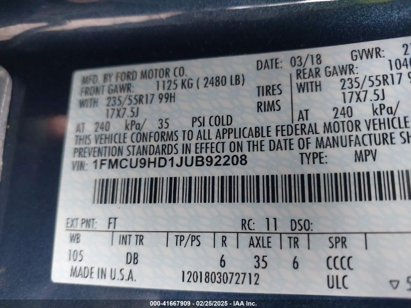 2018 Ford Escape Sel VIN: 1FMCU9HD1JUB92208 Lot: 41667909