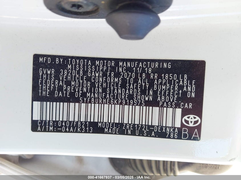2019 TOYOTA COROLLA VIN: 5YFBURHE6KP919575