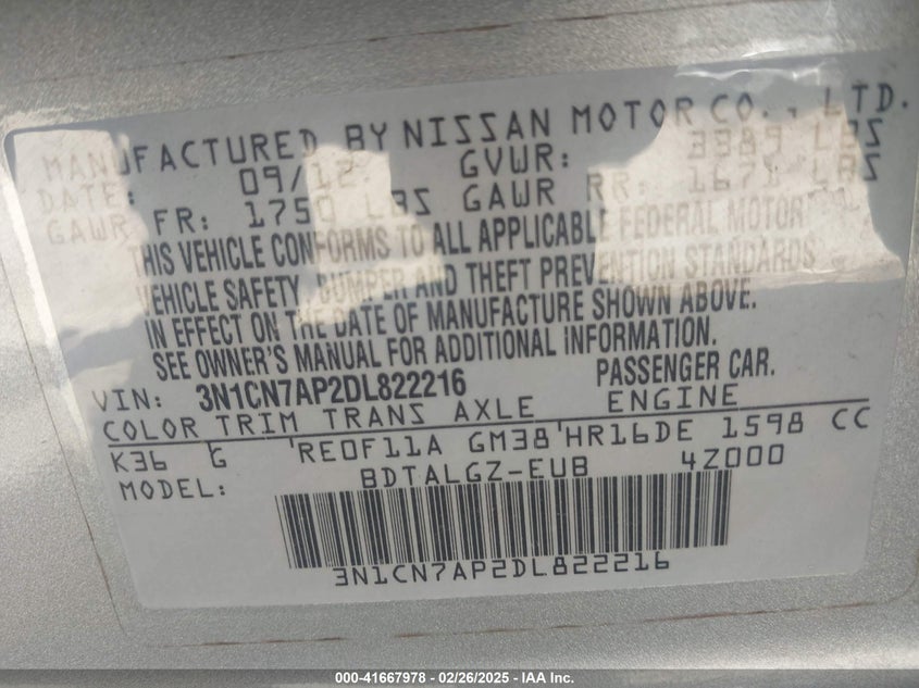 2013 NISSAN VERSA VIN: 3N1CN7AP2DL822216