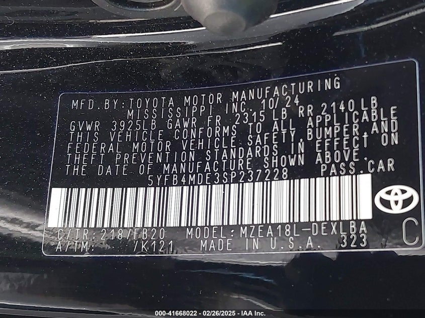 2025 TOYOTA COROLLA VIN: 5YFB4MDE3SP237228