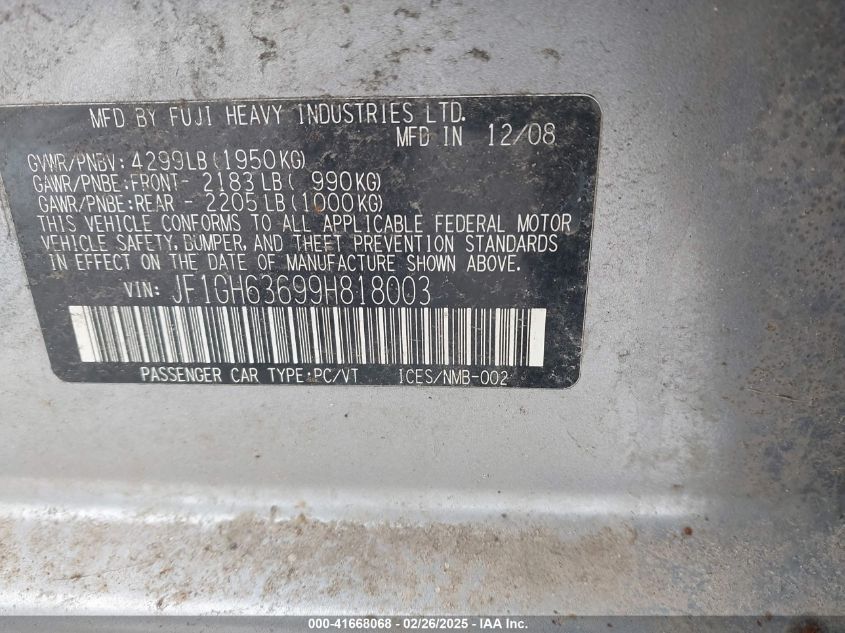 2009 Subaru Impreza Outback Sport VIN: JF1GH63699H818003 Lot: 41668068
