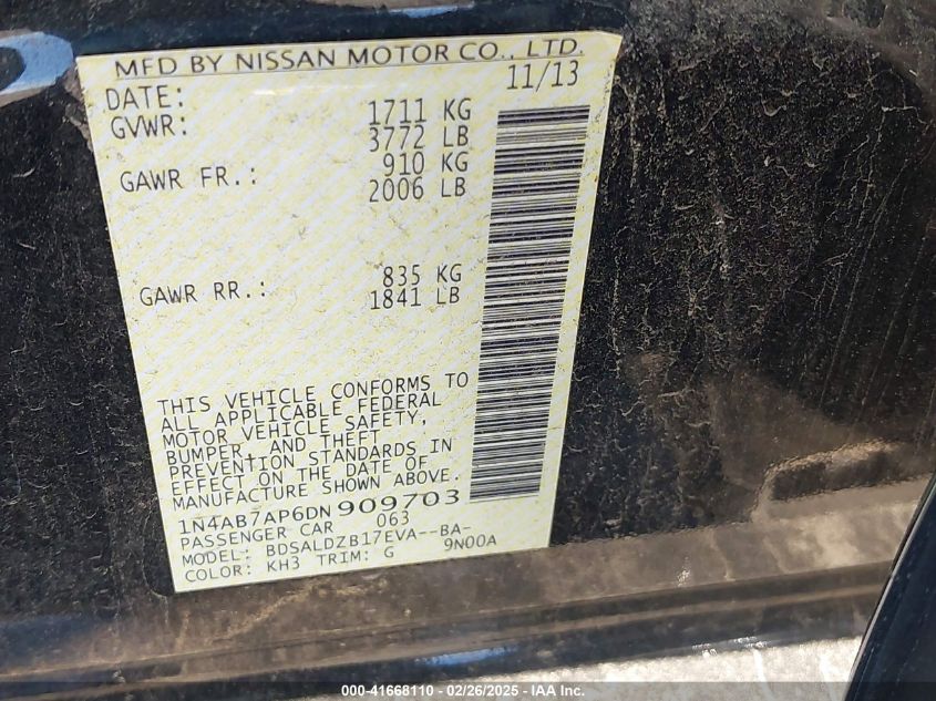 2013 Nissan Sentra Sv VIN: 1N4AB7AP6DN909703 Lot: 41668110