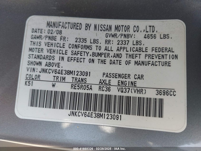 2008 INFINITI G37 VIN: JNKCV64E38M123091