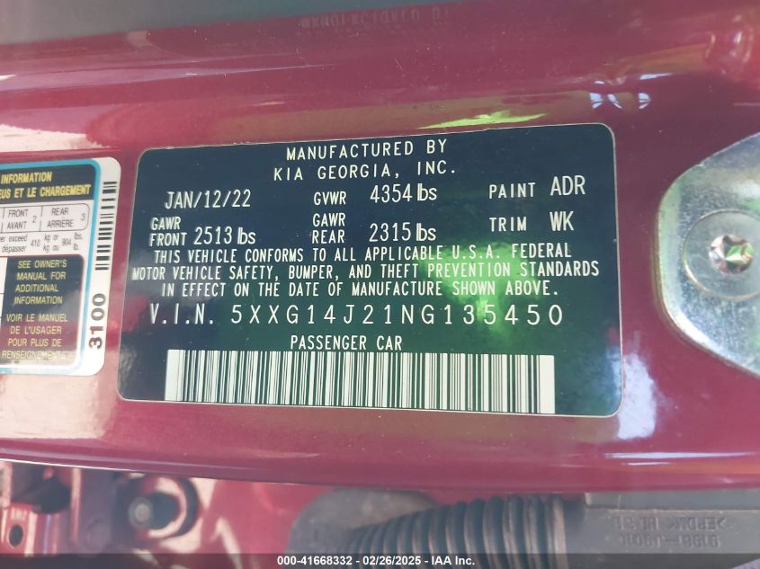 2022 Kia K5 Lxs VIN: 5XXG14J21NG135450 Lot: 41668332