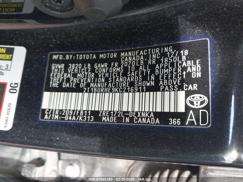 2019 TOYOTA COROLLA LE - 2T1BURHE9KC216911