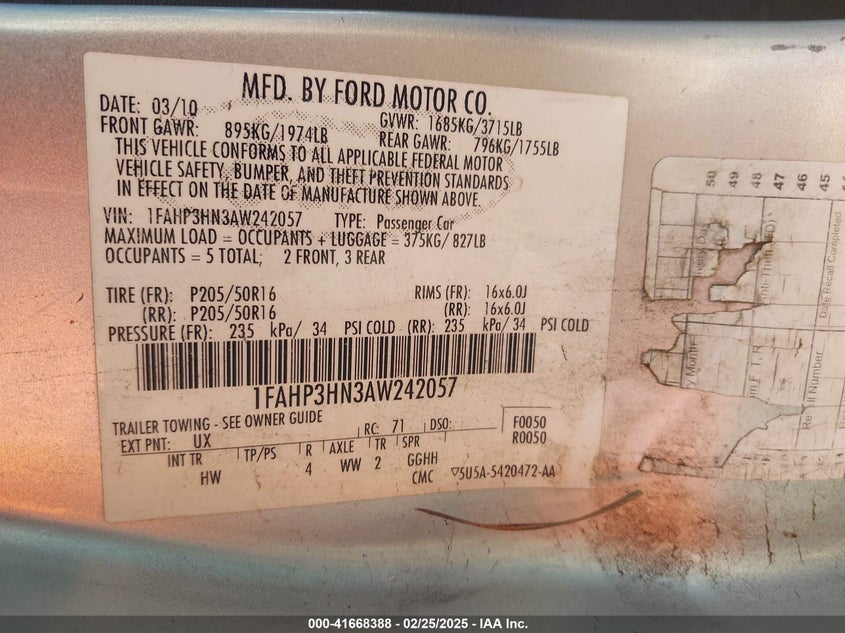 2010 FORD FOCUS VIN: 1FAHP3HN3AW242057