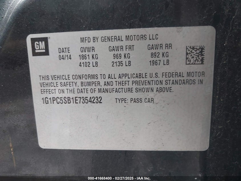 2014 CHEVROLET CRUZE VIN: 1G1PC5SB1E7354232