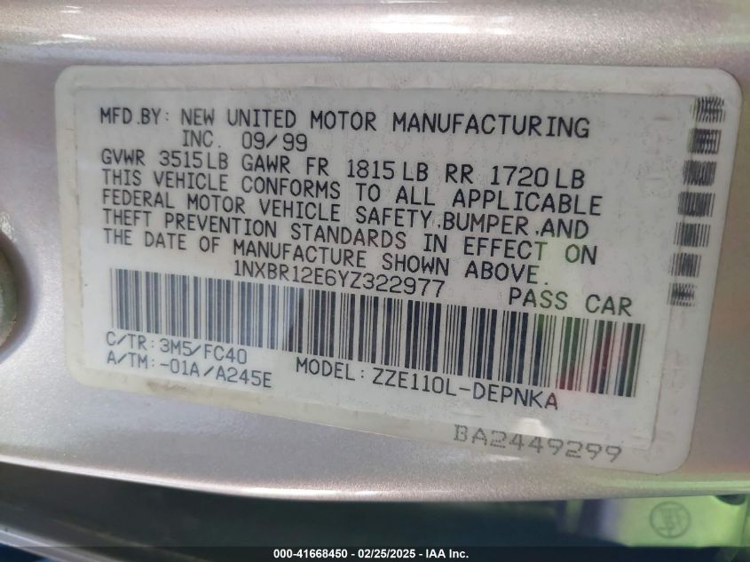 2000 Toyota Corolla Le VIN: 1NXBR12E6YZ322977 Lot: 41668450