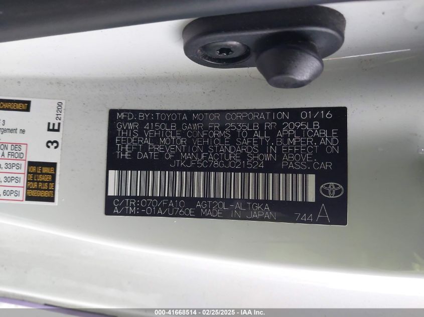 2016 Scion Tc VIN: JTKJF5C78GJ021524 Lot: 41668514