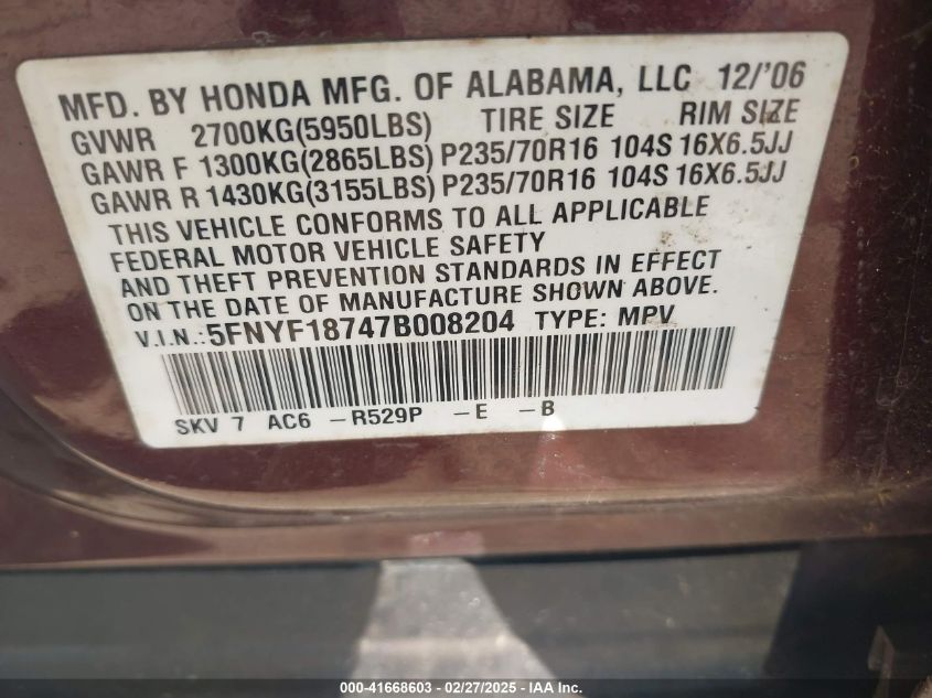 2007 Honda Pilot Ex-L VIN: 5FNYF18747B008204 Lot: 41668603