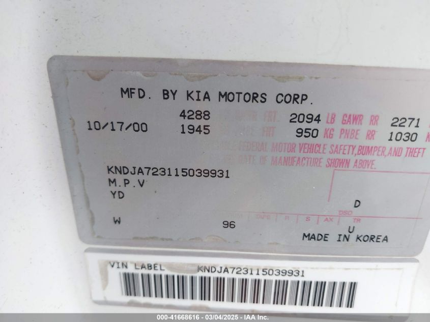 2001 Kia Sportage Ex/Limited VIN: KNDJA723115039931 Lot: 41668616