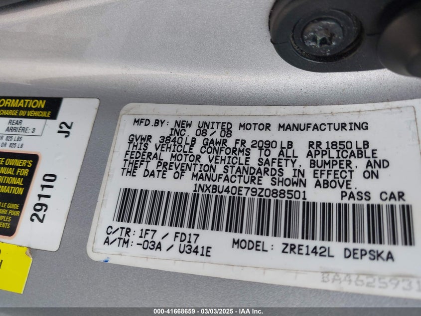 2009 TOYOTA COROLLA VIN: 1NXBU40E79Z088501