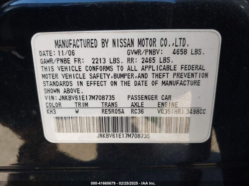 2007 Infiniti G35 Sport VIN: JNKBV61E17M708735 Lot: 41668679