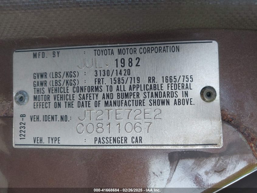 1982 Toyota Corolla Deluxe VIN: JT2TE72E2C0811067 Lot: 41668684