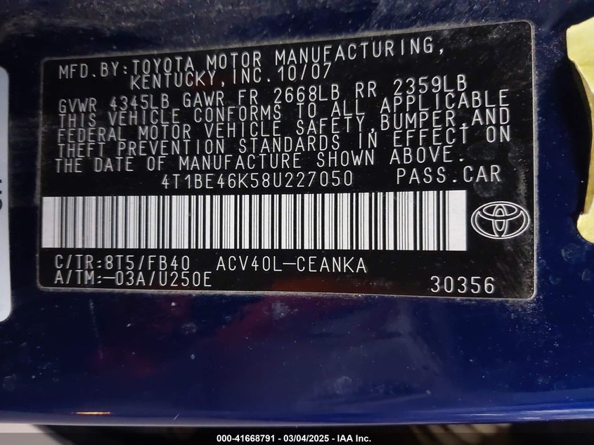 2008 TOYOTA CAMRY VIN: 4T1BE46K58U227050