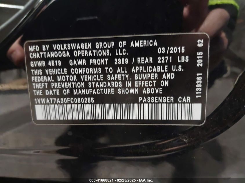 2015 Volkswagen Passat 1.8T Limited Edition VIN: 1VWAT7A30FC080255 Lot: 41668821