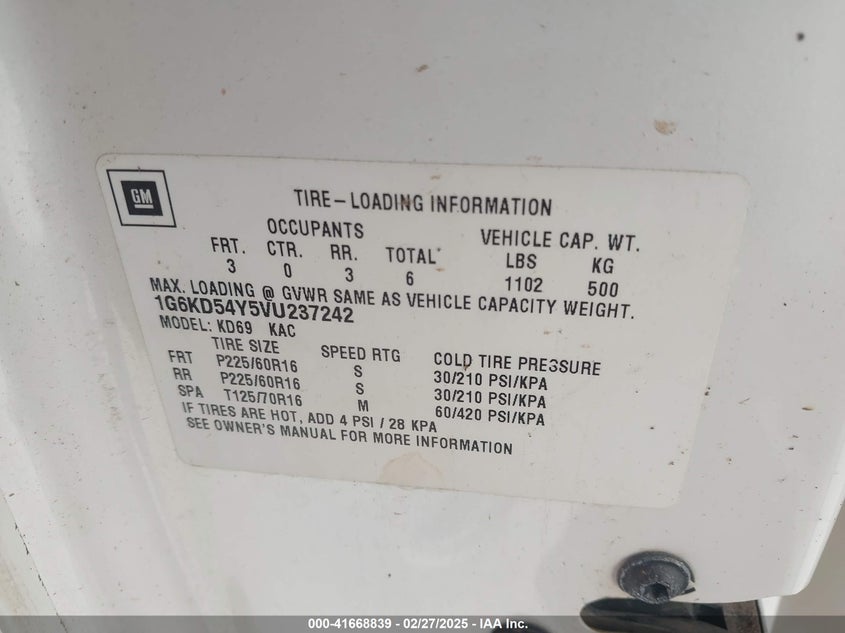 1997 Cadillac Deville Standard VIN: 1G6KD54Y5VU237242 Lot: 41668839