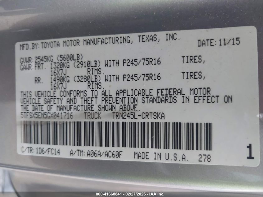 2016 Toyota Tacoma Sr5 VIN: 5TFSX5EN5GX041716 Lot: 41668841