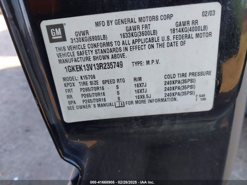 2003 GMC Yukon Sle VIN: 1GKEK13V13R235749 Lot: 41668905