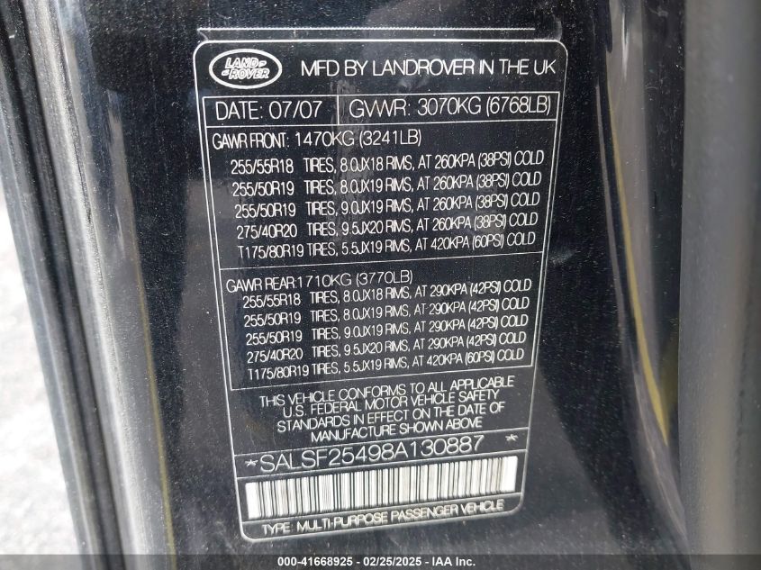 2008 Land Rover Range Rover Sport Hse VIN: SALSF25498A130887 Lot: 41668925
