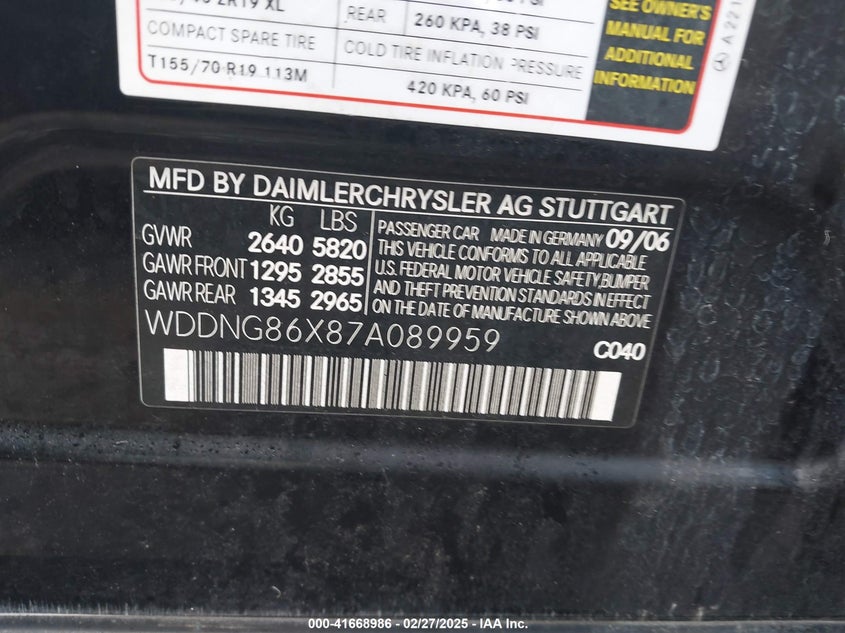 2007 MERCEDES-BENZ S 550 VIN: WDDNG86X87A089959