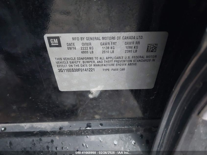2015 Chevrolet Impala 2Lz VIN: 2G1165S38F9141221 Lot: 41668988