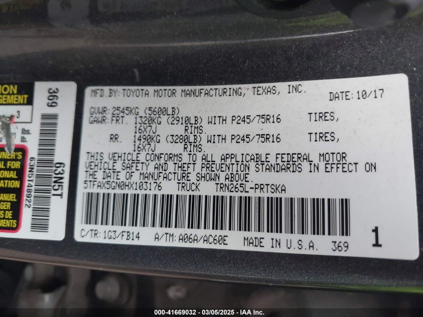 2017 Toyota Tacoma Sr VIN: 5TFAX5GN0HX103176 Lot: 41669032