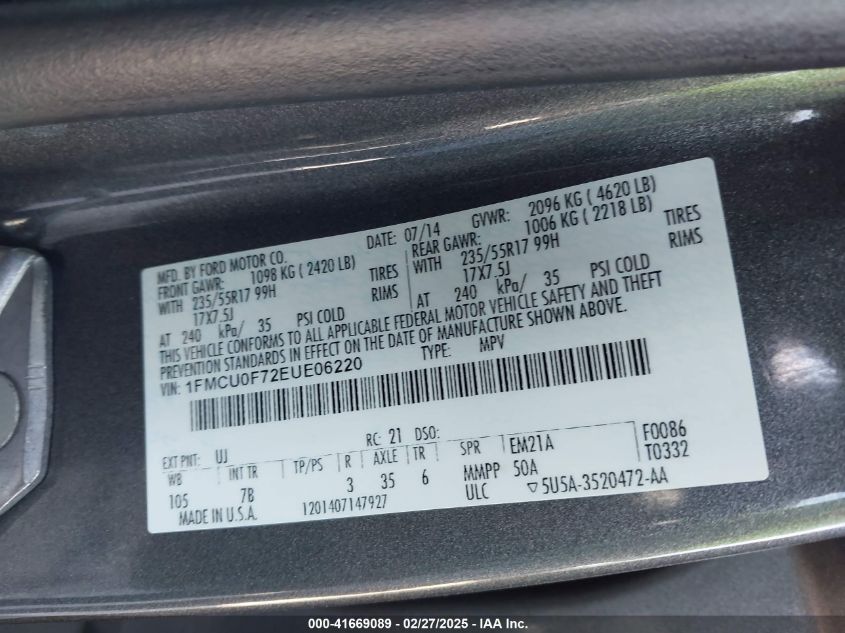 2014 Ford Escape S VIN: 1FMCU0F72EUE06220 Lot: 41669089