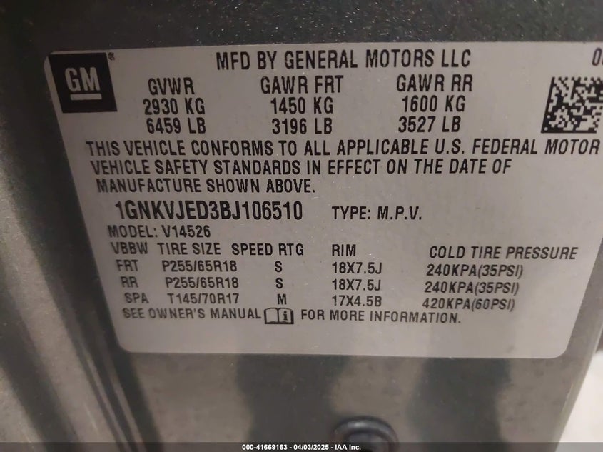 2011 CHEVROLET TRAVERSE VIN: 1GNKVJED3BJ106510