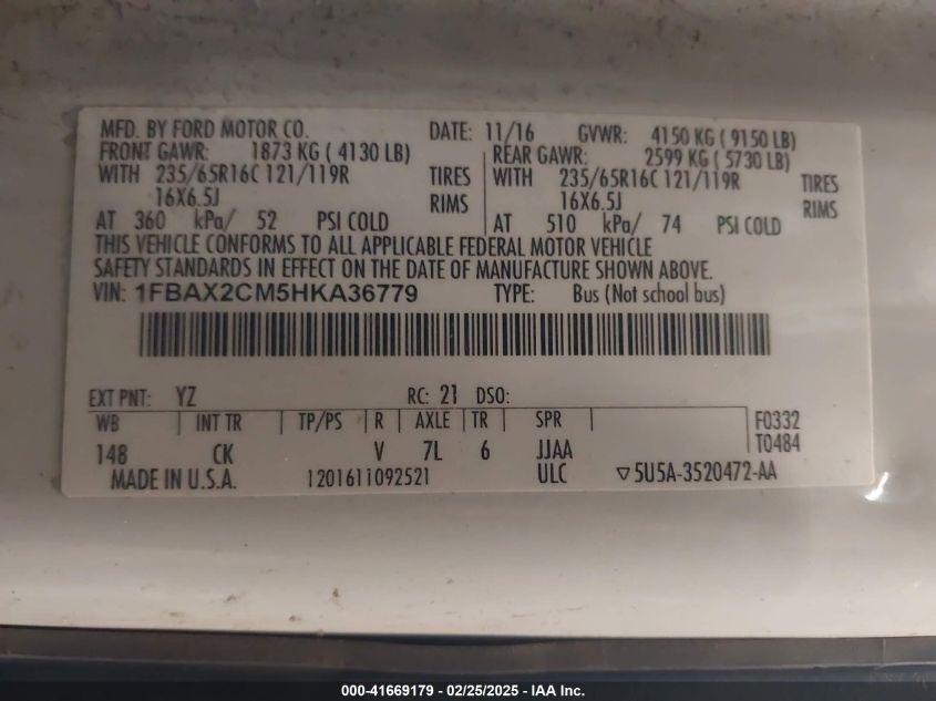 2017 Ford Transit-350 Xlt VIN: 1FBAX2CM5HKA36779 Lot: 41669179