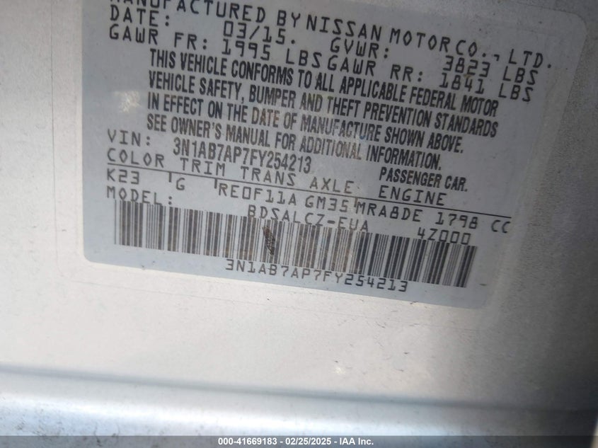 2015 NISSAN SENTRA VIN: 3N1AB7AP7FY254213