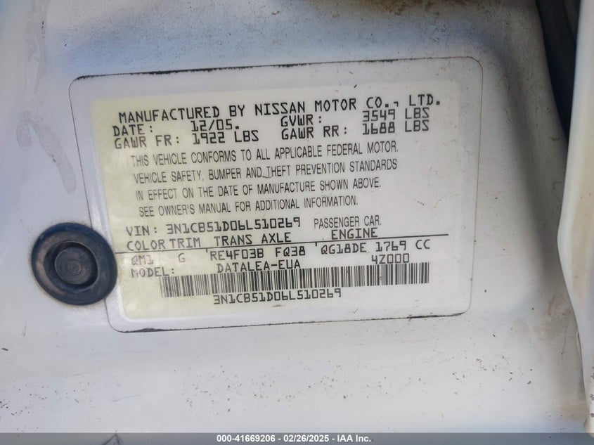 2006 NISSAN SENTRA VIN: 3N1CB51D06L510269