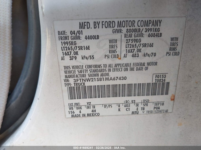 2001 Ford F-250 VIN: 3FTNW21S81MA67430 Lot: 41669241