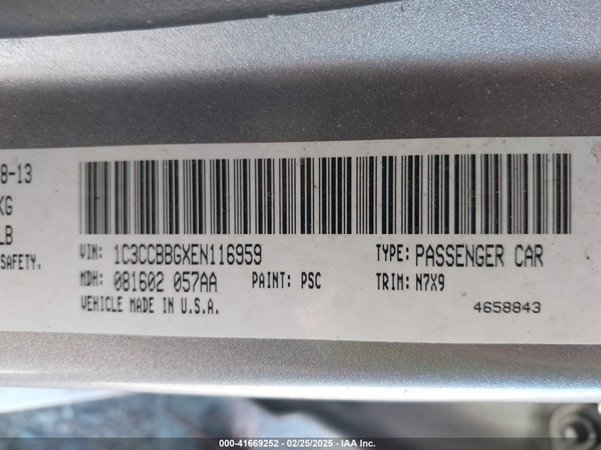 2014 CHRYSLER 200 VIN: 1C3CCBBGXEN116959