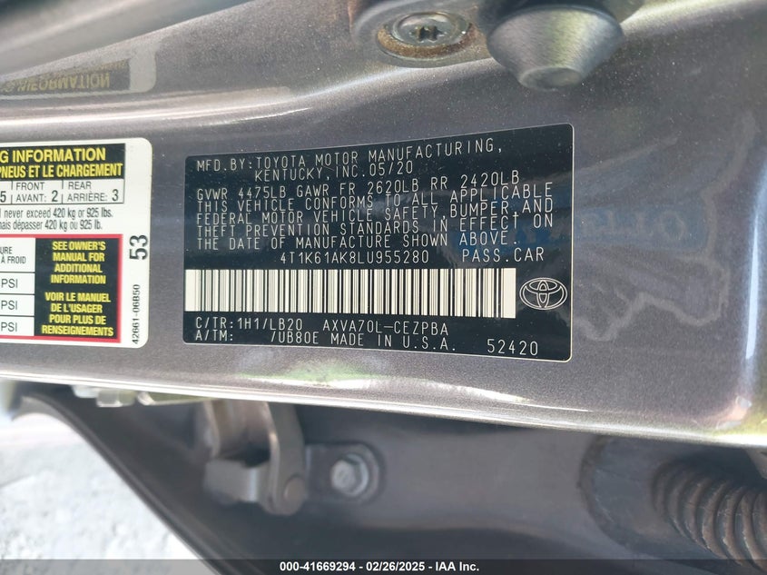 2020 TOYOTA CAMRY VIN: 4T1K61AK8LU955280