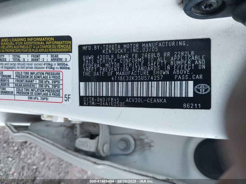 2005 Toyota Camry Le VIN: 4T1BE32K35U574257 Lot: 41669404