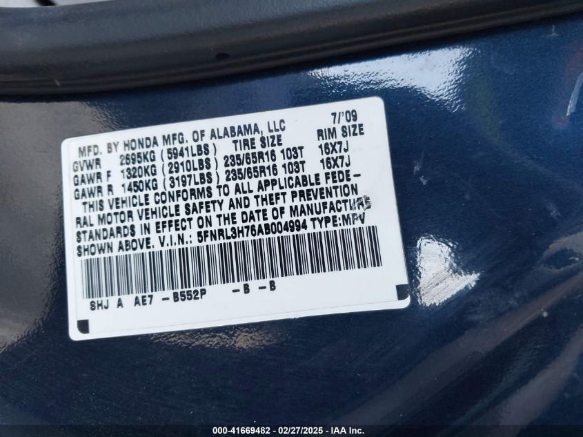 2010 Honda Odyssey Ex-L VIN: 5FNRL3H76AB004994 Lot: 41669482