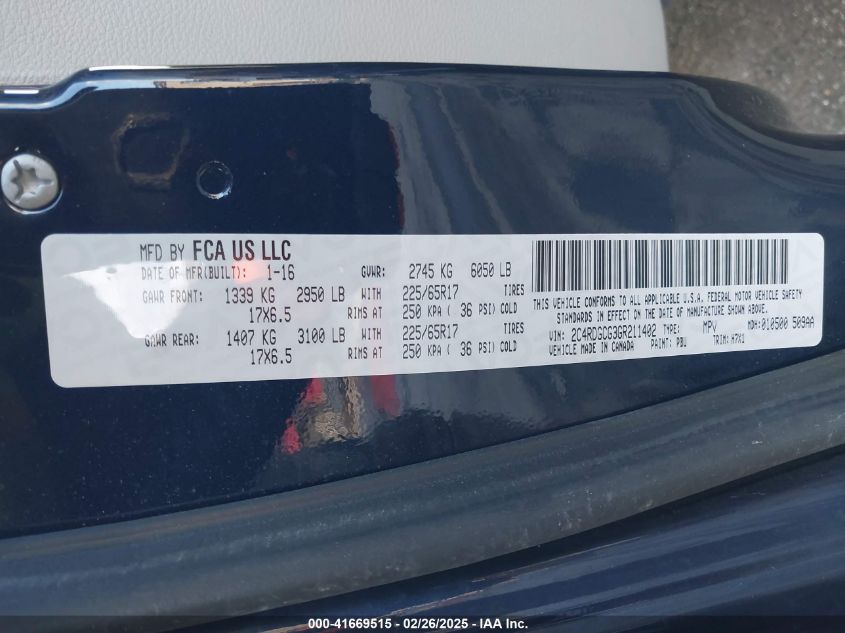 2016 Dodge Grand Caravan Sxt VIN: 2C4RDGCG3GR211402 Lot: 41669515