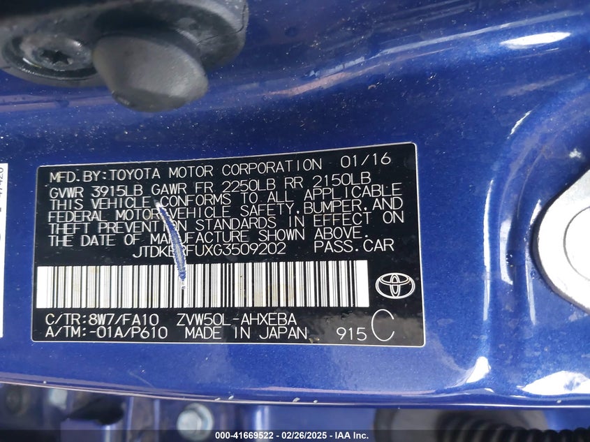 2016 TOYOTA PRIUS VIN: JTDKBRFUXG3509202