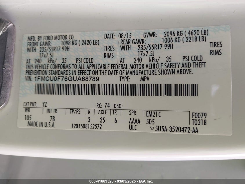 2016 FORD ESCAPE VIN: 1FMCU0F76GUA68789