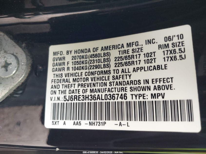 2010 Honda Cr-V Lx VIN: 5J6RE3H36AL036746 Lot: 41669530