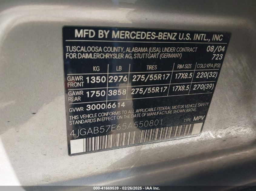 2005 Mercedes-Benz Ml 350 4Matic VIN: 4JGAB57E65A550801 Lot: 41669539