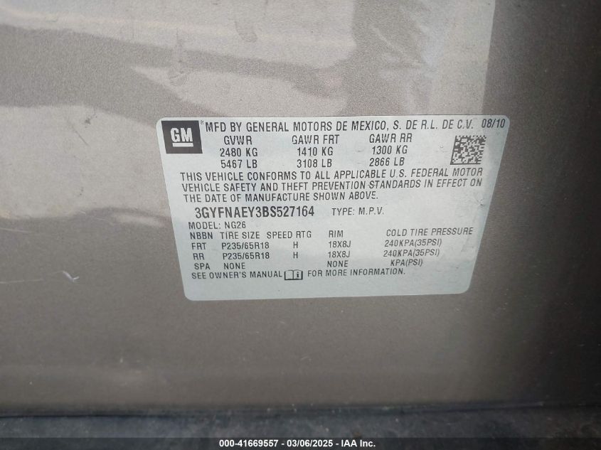 2011 Cadillac Srx Luxury Collection VIN: 3GYFNAEY3BS527164 Lot: 41669557