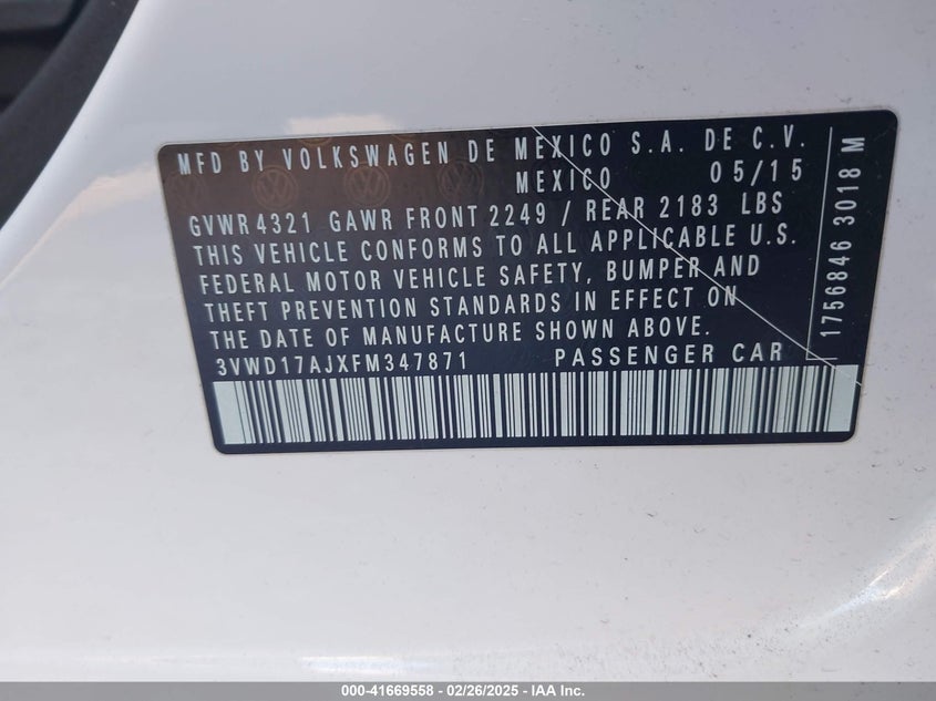 2015 VOLKSWAGEN JETTA VIN: 3VWD17AJXFM347871