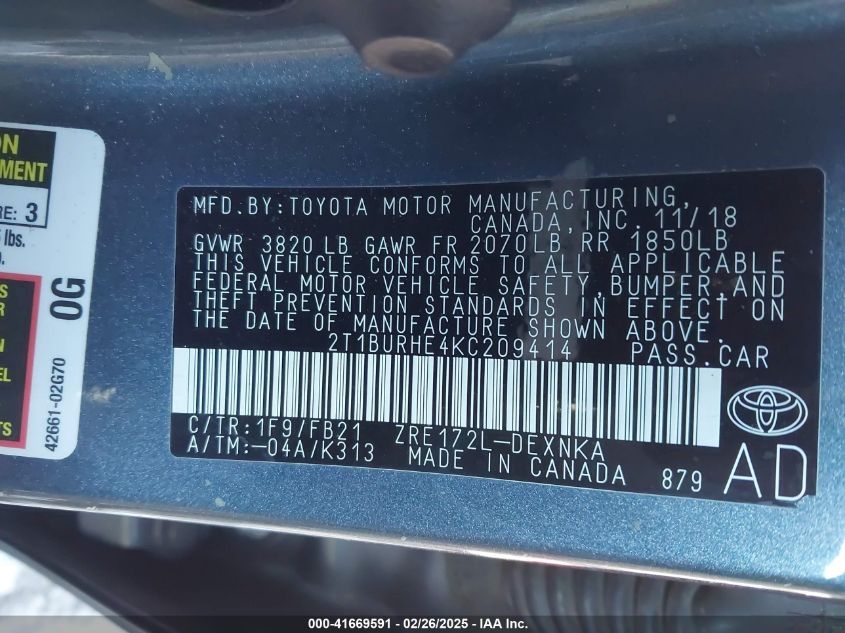 2019 Toyota Corolla Le VIN: 2T1BURHE4KC209414 Lot: 41669591