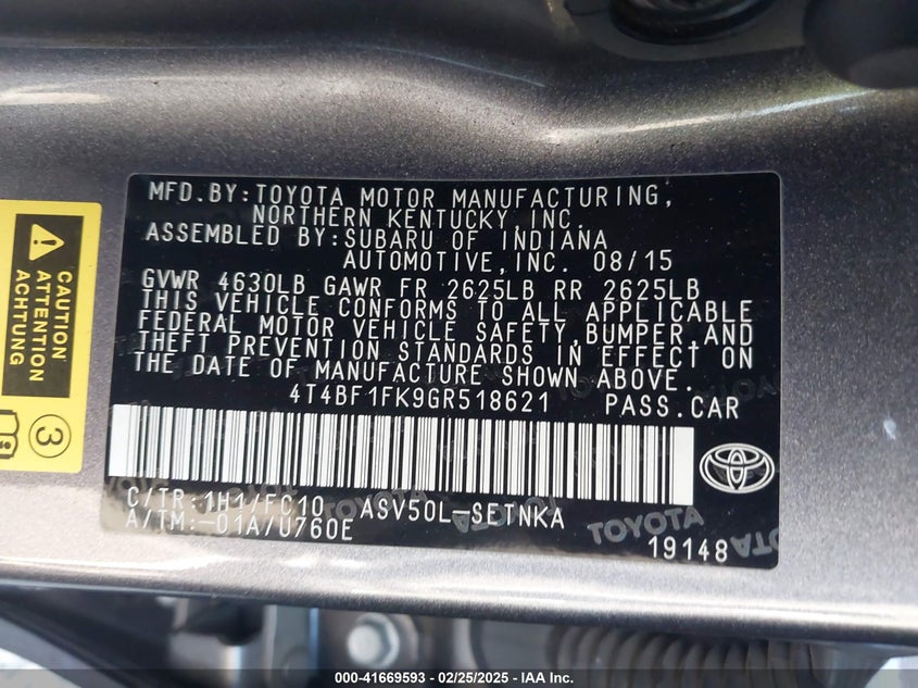 2016 TOYOTA CAMRY VIN: 4T4BF1FK9GR518621