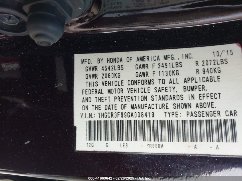 2016 HONDA ACCORD VIN: 1HGCR3F99GA008419