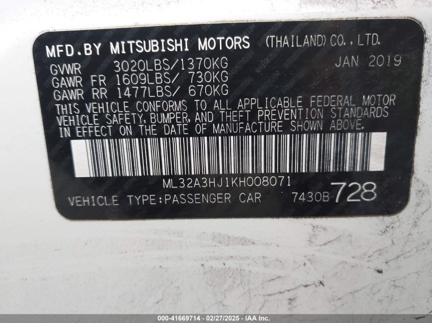 2019 MITSUBISHI MIRAGE ES - ML32A3HJ1KH008071
